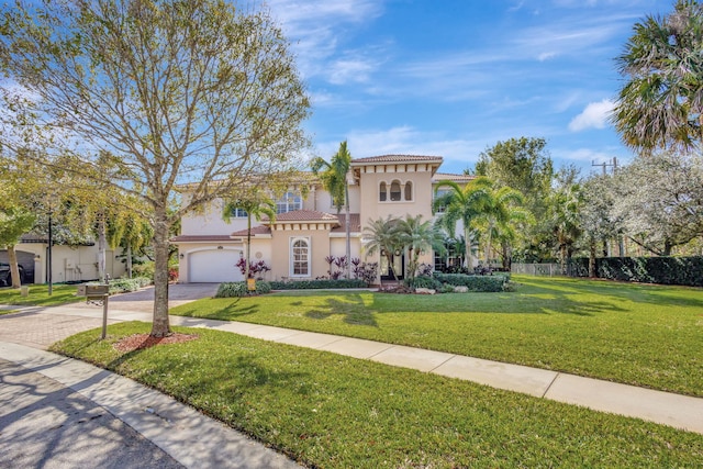 mediterranean / spanish-style house featuring a garage and a front lawn