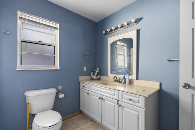 bathroom with toilet, tile patterned floors, and vanity