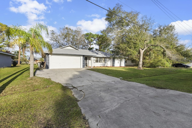 ranch-style house with a garage and a front yard