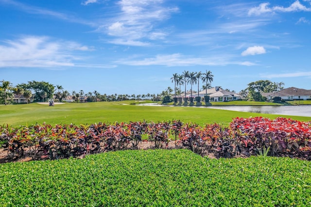 view of community featuring a yard and a water view