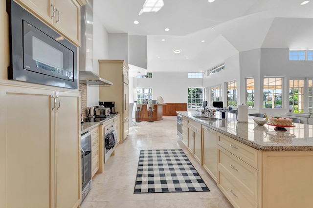 kitchen featuring black appliances, sink, a kitchen island with sink, light stone countertops, and ventilation hood