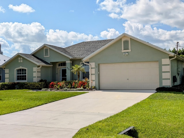 ranch-style house with a garage and a front lawn