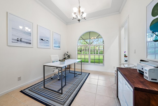 tiled office featuring crown molding and a chandelier