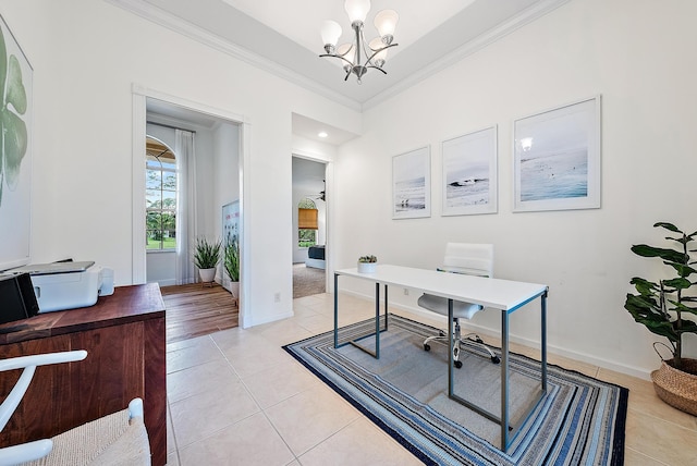 office area featuring light tile patterned flooring, ornamental molding, and a notable chandelier