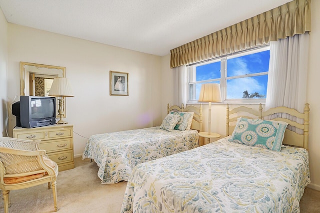 bedroom with light colored carpet