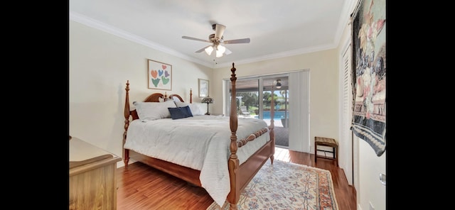 bedroom featuring ceiling fan, ornamental molding, wood finished floors, and access to exterior