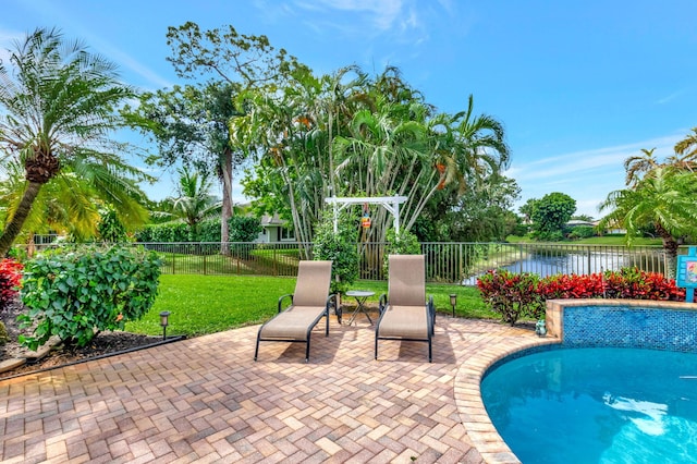 view of swimming pool with a patio area, a water view, a fenced backyard, and a fenced in pool