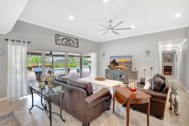 living area featuring recessed lighting, light tile patterned flooring, a ceiling fan, and crown molding