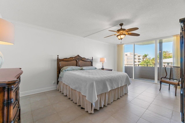 bedroom featuring a wall of windows, a textured ceiling, ornamental molding, ceiling fan, and access to exterior