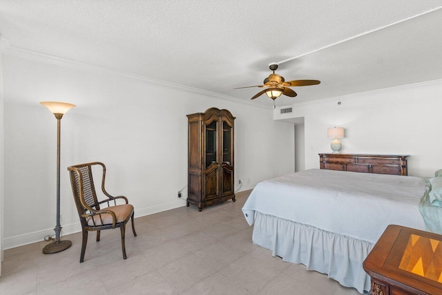 bedroom featuring crown molding, a textured ceiling, and ceiling fan