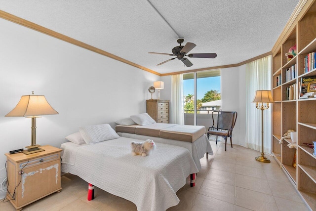 bedroom with expansive windows, ornamental molding, a textured ceiling, and ceiling fan