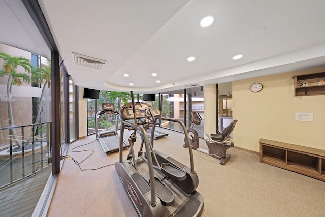 exercise room featuring light carpet and floor to ceiling windows