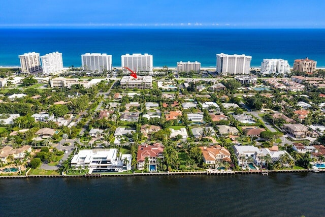 drone / aerial view featuring a water view