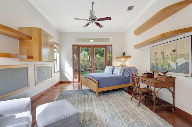 bedroom featuring french doors, crown molding, dark hardwood / wood-style flooring, and access to outside