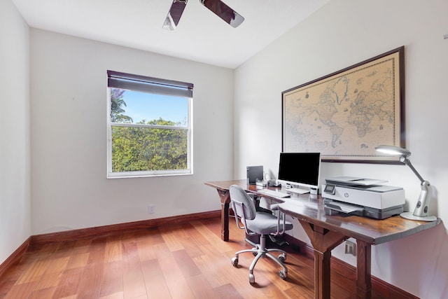 office space featuring ceiling fan and wood-type flooring