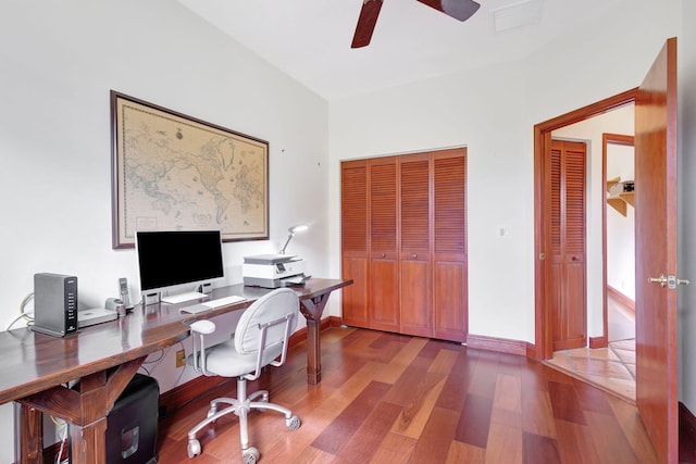 home office with hardwood / wood-style flooring and ceiling fan