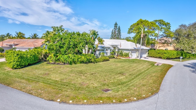 ranch-style house with a garage and a front yard