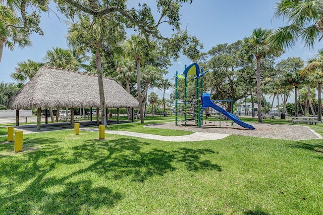 view of play area featuring a gazebo and a lawn