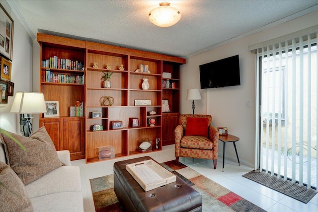 interior space with crown molding, a textured ceiling, and light tile patterned flooring