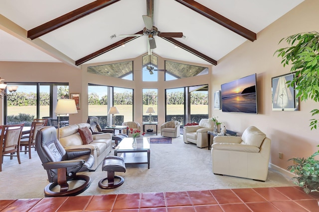 living room featuring beam ceiling, dark tile patterned flooring, dark colored carpet, and high vaulted ceiling