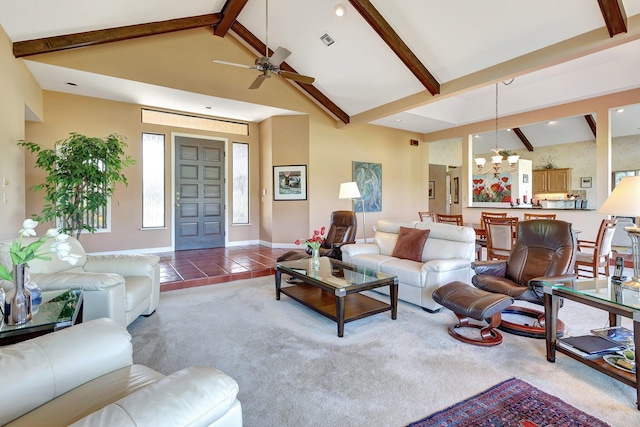 tiled living room featuring a ceiling fan, visible vents, carpet floors, baseboards, and beamed ceiling