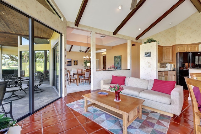 tiled living room with beamed ceiling, high vaulted ceiling, and visible vents