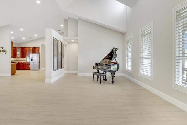 interior space featuring high vaulted ceiling and light hardwood / wood-style flooring