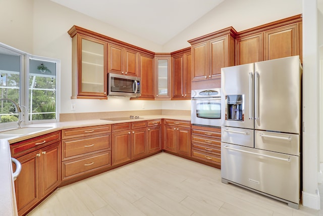 kitchen featuring lofted ceiling, sink, and appliances with stainless steel finishes