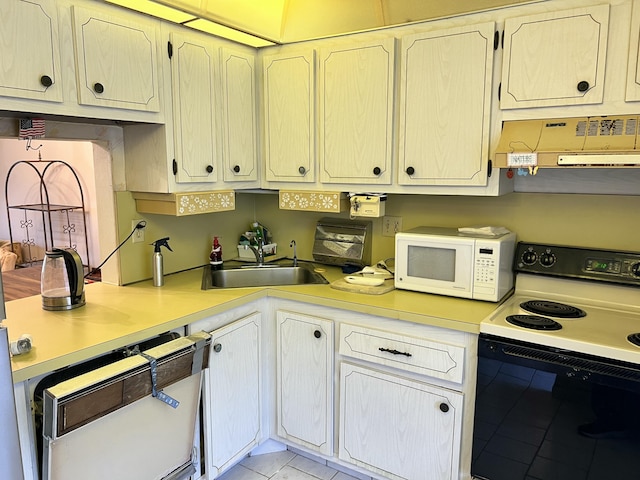 kitchen with sink, light tile patterned floors, extractor fan, and white appliances