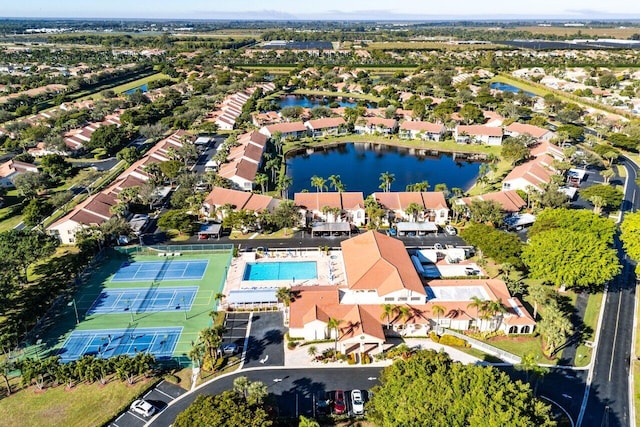 aerial view with a water view and a residential view