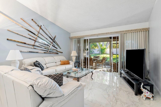 living room featuring a textured ceiling