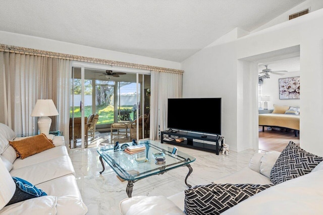 living room featuring a textured ceiling and vaulted ceiling