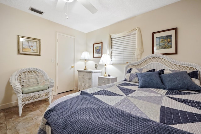 bedroom with visible vents, baseboards, a textured ceiling, and ceiling fan