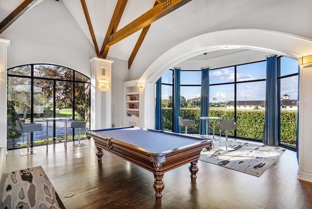 game room featuring high vaulted ceiling, billiards, hardwood / wood-style flooring, beamed ceiling, and a healthy amount of sunlight