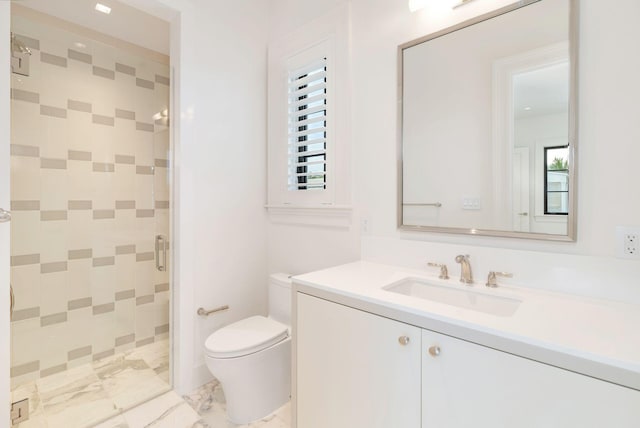 bathroom featuring toilet, walk in shower, and vanity