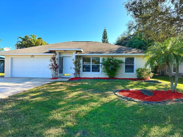 ranch-style home featuring a garage and a front yard