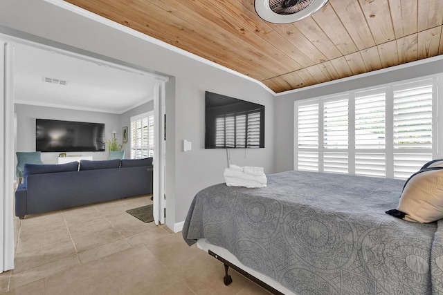 bedroom with light tile patterned flooring, crown molding, and wood ceiling