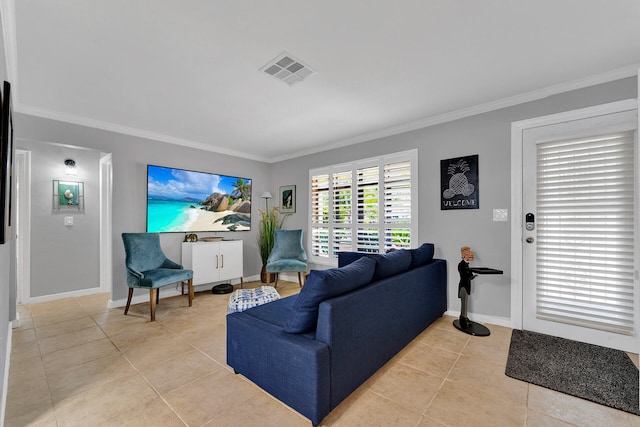 living room featuring light tile patterned flooring and crown molding