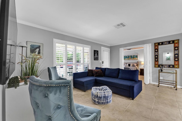 tiled living room with crown molding