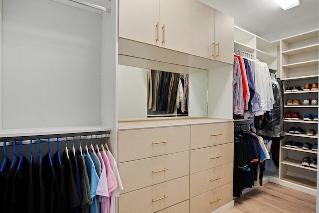 walk in closet with light hardwood / wood-style floors