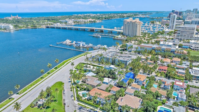 drone / aerial view featuring a water view