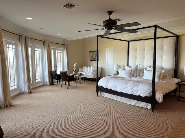 carpeted bedroom with access to outside, ceiling fan, and ornamental molding