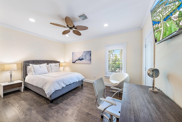 bedroom with ceiling fan, crown molding, and dark wood-type flooring