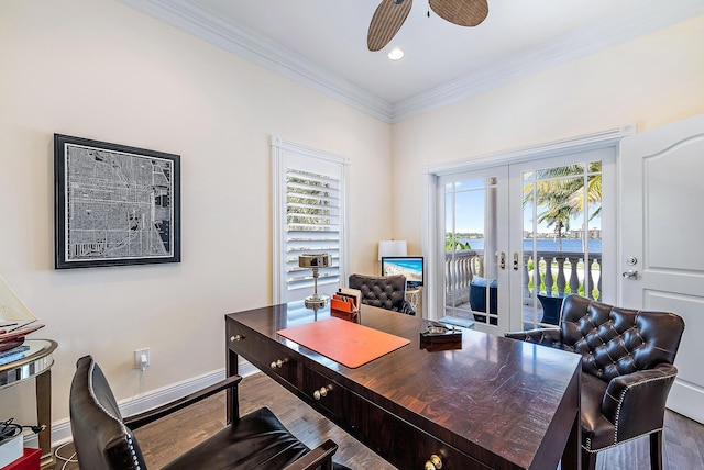 office area with a wealth of natural light, french doors, ceiling fan, and hardwood / wood-style flooring