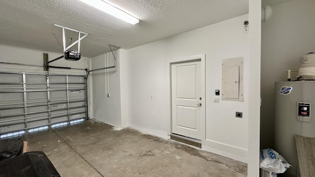 garage featuring electric panel, electric water heater, and a garage door opener