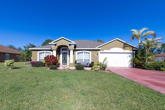 ranch-style home with a front yard and a garage