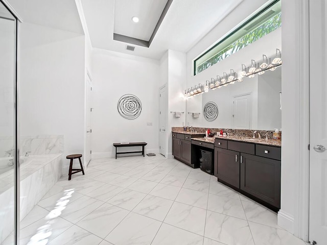 bathroom with a raised ceiling, vanity, and a relaxing tiled tub