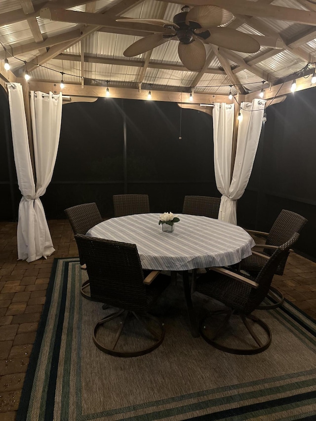 view of patio with ceiling fan and a gazebo