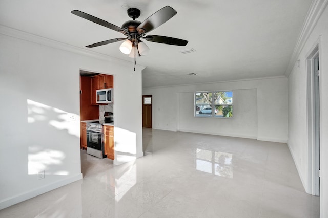 unfurnished room with ceiling fan and crown molding