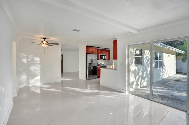 interior space with beam ceiling, ceiling fan, crown molding, and a textured ceiling